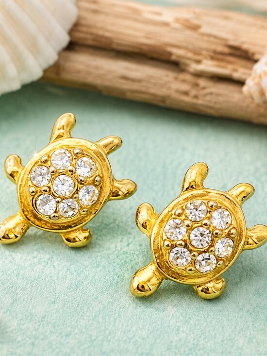 Avon Jewelry - 1992 Vintage Avon Precious Turtle Earrings Gold Tone Rhinestone Sea Turtle Studs
